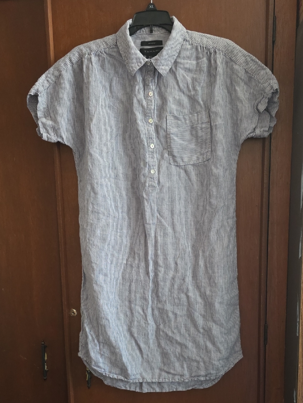 Tahari 100% Linen Blue and White Striped Button-Down Shirt Dress